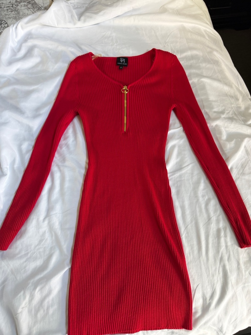 Derek Heart Red Long Sleeve Ribbed Zip-Front Bodycon Dress